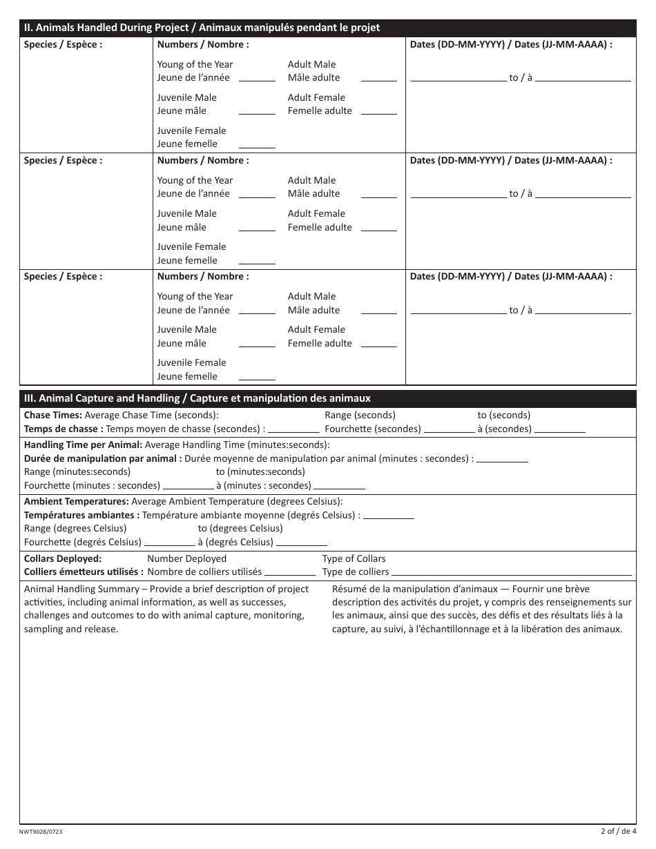 Form NWT9028 Wildlife Handling Report - Nwt Wildlife Care Committee - Northwest Territories, Canada (English / French), Page 2