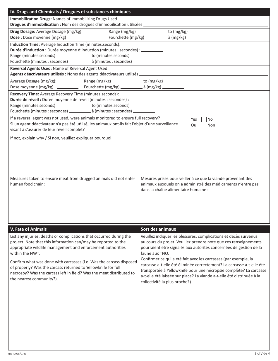 Form NWT9028 Wildlife Handling Report - Nwt Wildlife Care Committee - Northwest Territories, Canada (English / French), Page 3