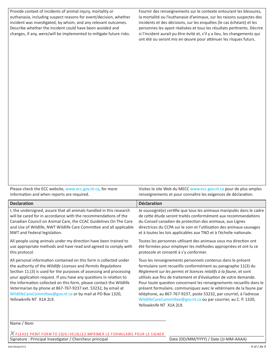 Form NWT9028 Wildlife Handling Report - Nwt Wildlife Care Committee - Northwest Territories, Canada (English / French), Page 4