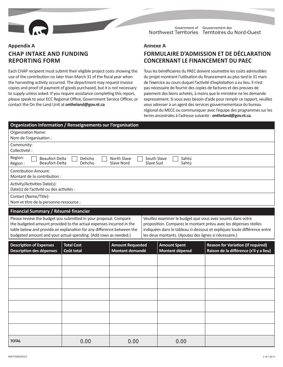 Form NWT9326 Appendix A Chap Intake and Funding Reporting Form - Northwest Territories, Canada (English / French), Page 1