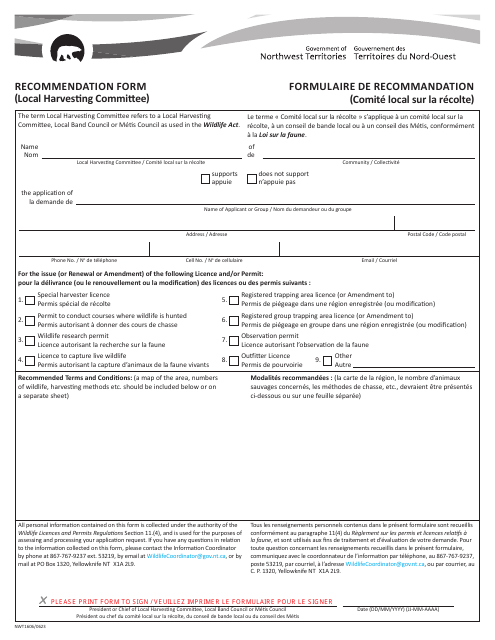 Form NWT1606 Recommendation Form (Local Harvesting Committee) - Northwest Territories, Canada (English/French)