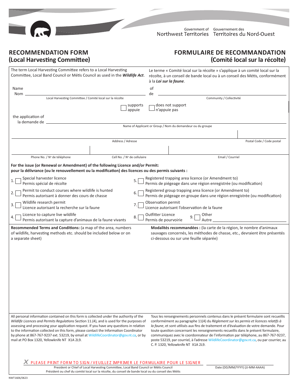 Form NWT1606 Recommendation Form (Local Harvesting Committee) - Northwest Territories, Canada (English / French), Page 1