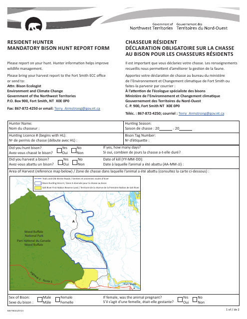 Form NWT9033 Resident Hunter Mandatory Bison Hunt Report Form - Northwest Territories, Canada (English/French)