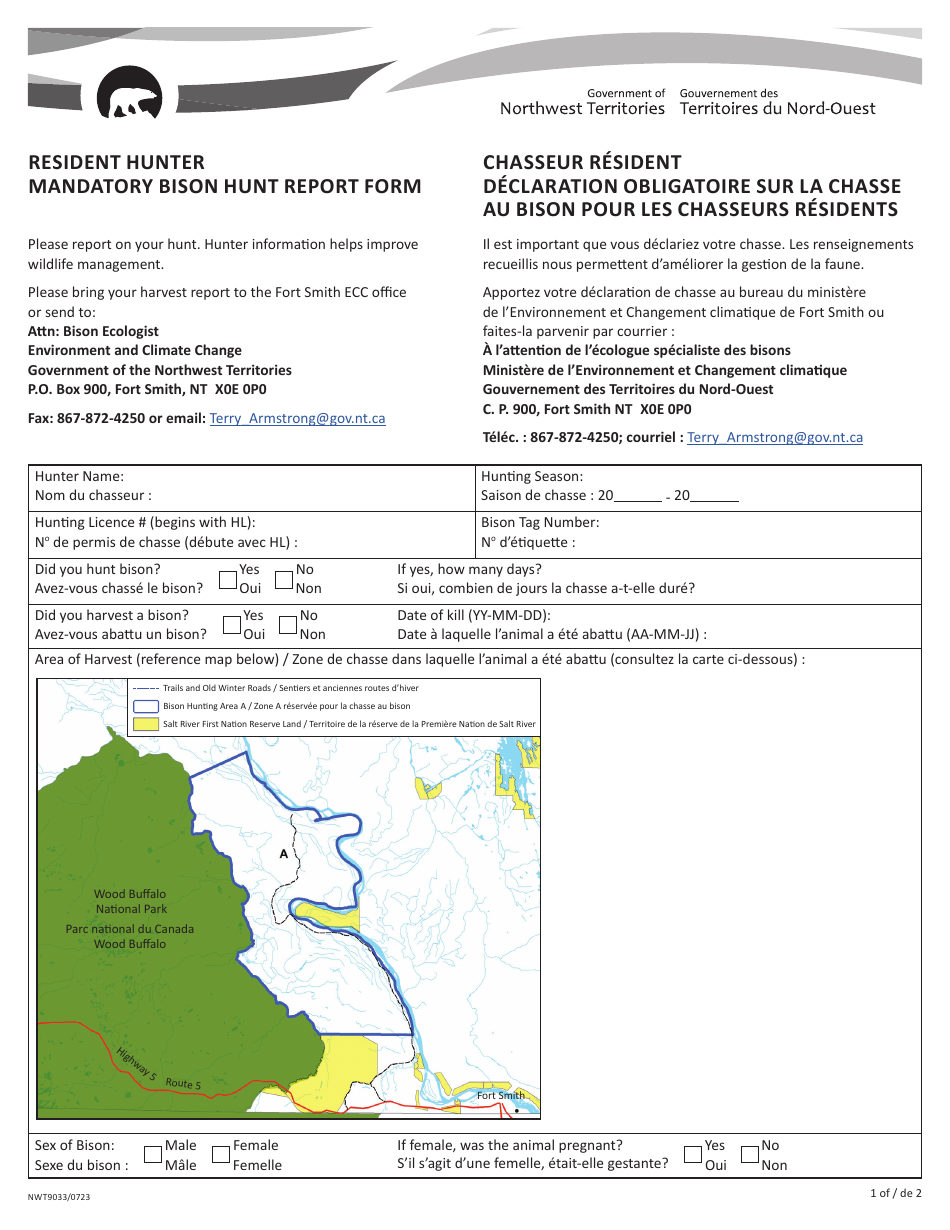 Form NWT9033 Resident Hunter Mandatory Bison Hunt Report Form - Northwest Territories, Canada (English / French), Page 1