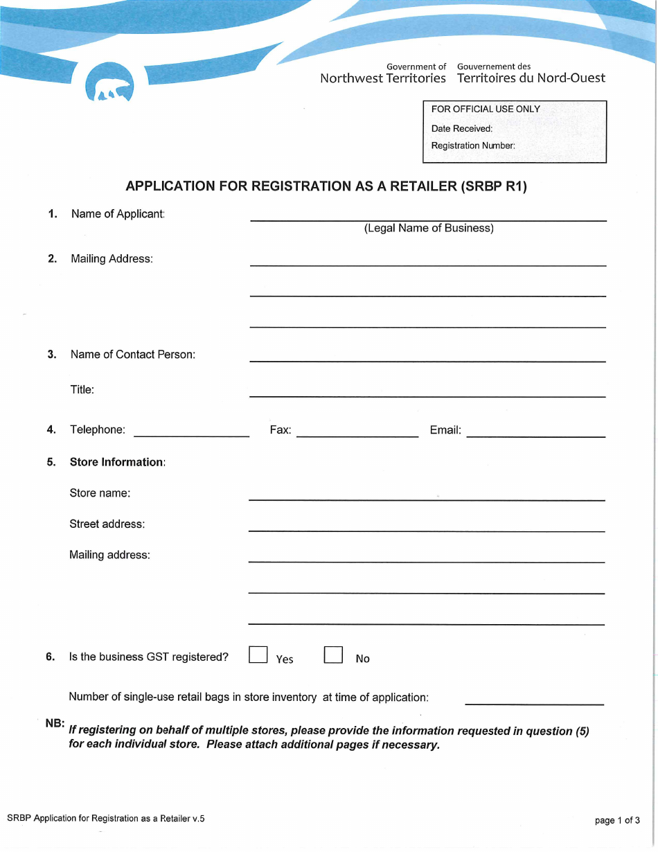Form SRBP R1 Application for Registration as a Retailer - Northwest Territories, Canada, Page 1