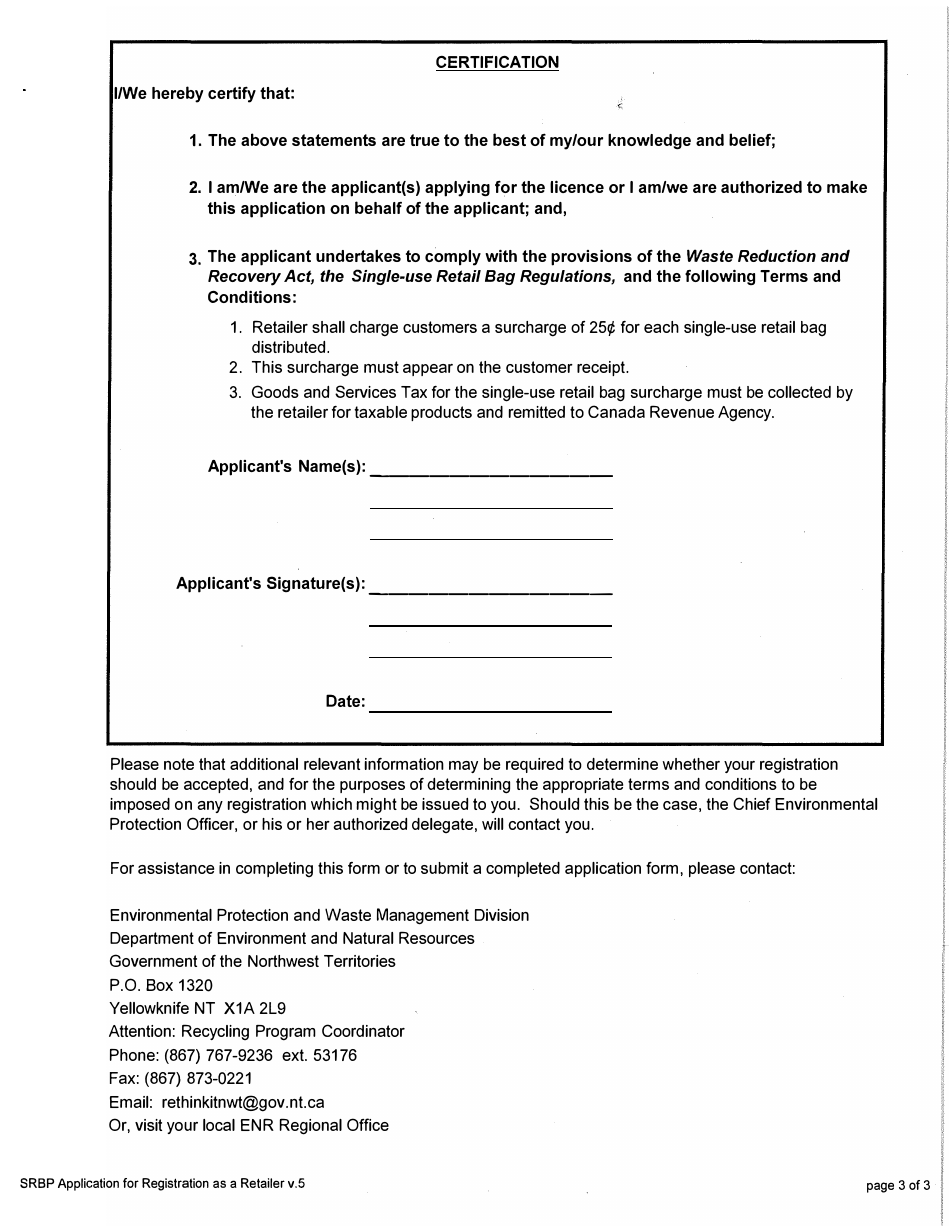 Form SRBP R1 Application for Registration as a Retailer - Northwest Territories, Canada, Page 3