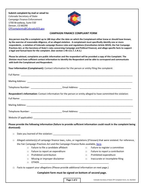 Campaign Finance Complaint Form - Colorado Download Pdf