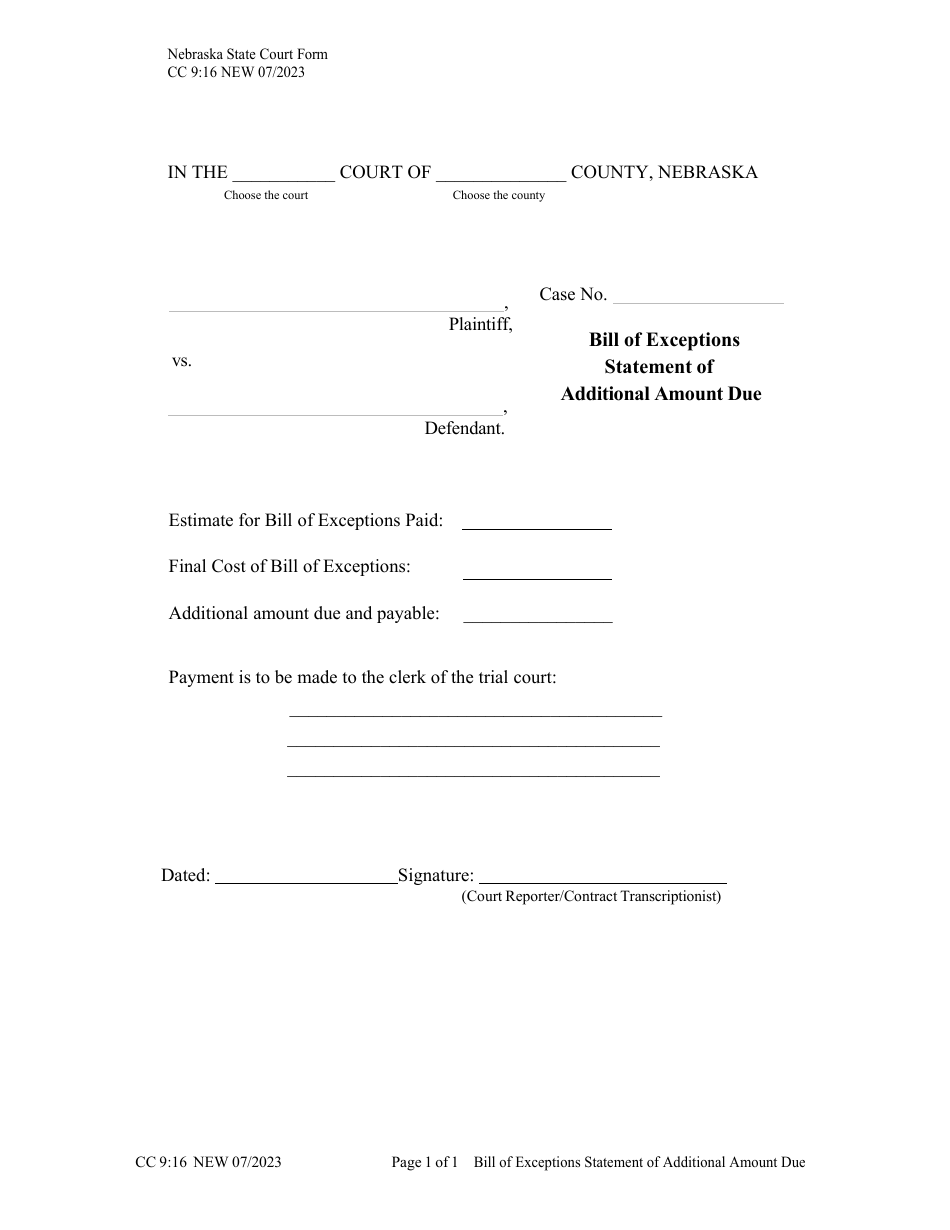 Form CC9:16 Bill of Exceptions Statement of Additional Amount Due - Nebraska, Page 1
