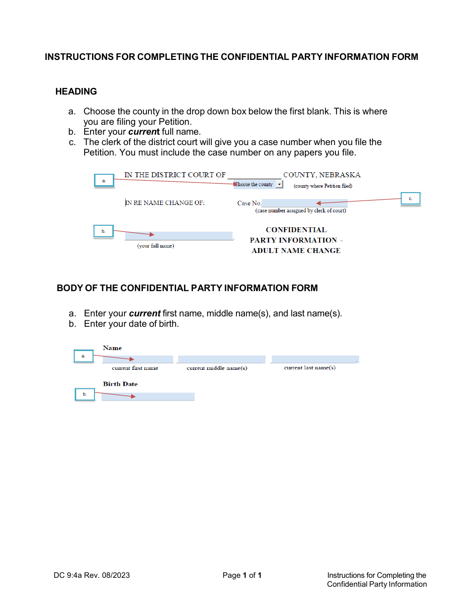 Instructions for Form DC9:4 Confidential Party Information Form - Nebraska, Page 1