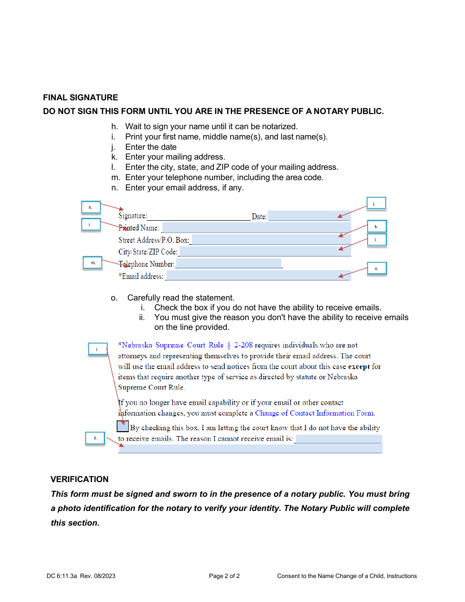 Instructions for Form DC6:11.3 Consent for the Name Change of a Minor Child - Nebraska, Page 2