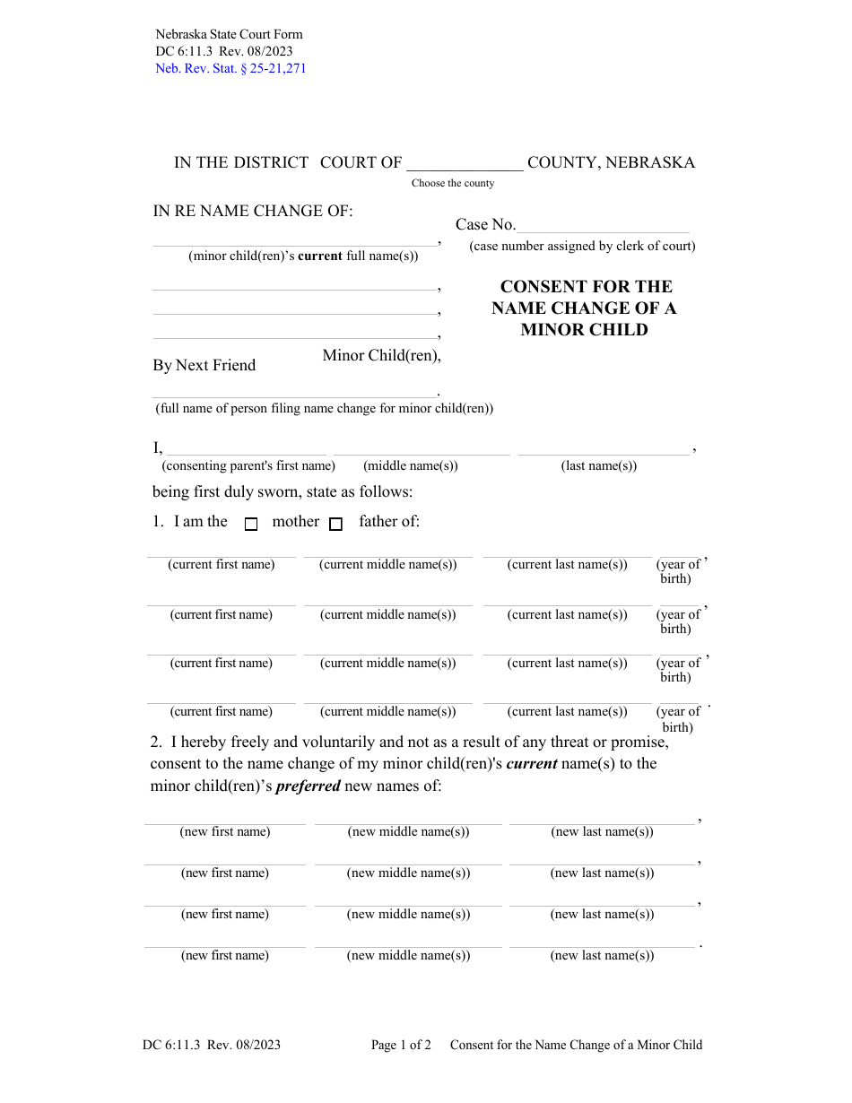 Form DC6:11.3 Consent for the Name Change of a Minor Child - Nebraska, Page 1