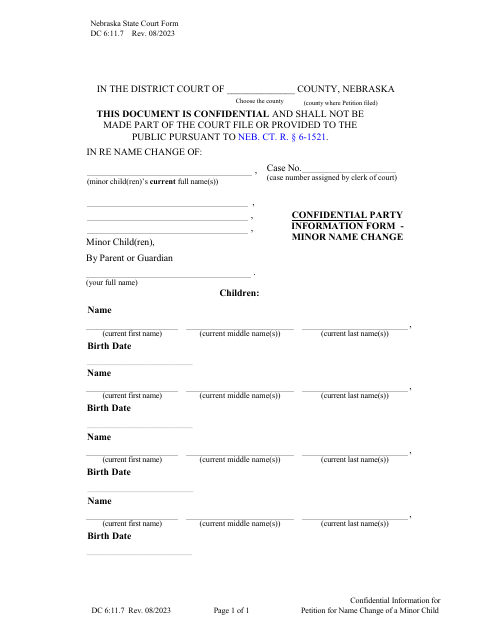 Form DC6:11.7 Confidential Party Information Form - Minor Name Change - Nebraska