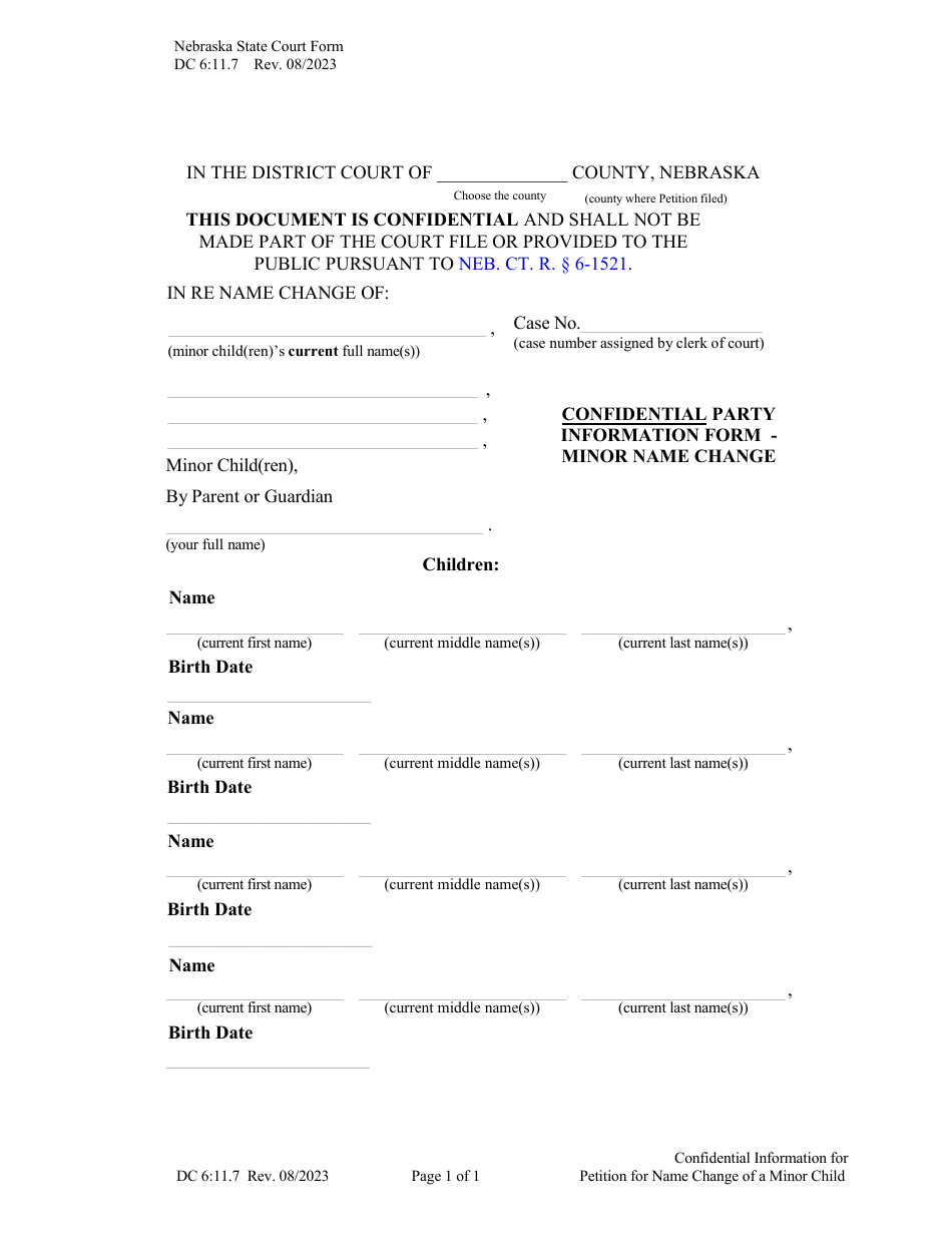 Form DC6:11.7 Confidential Party Information Form - Minor Name Change - Nebraska, Page 1