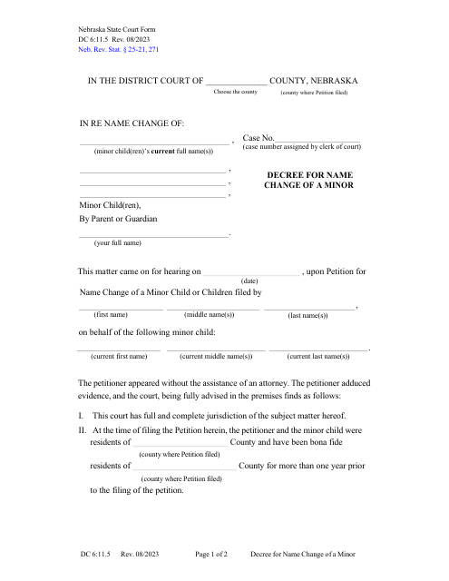 Form DC6:11.5 Decree for Name Change of a Minor - Nebraska