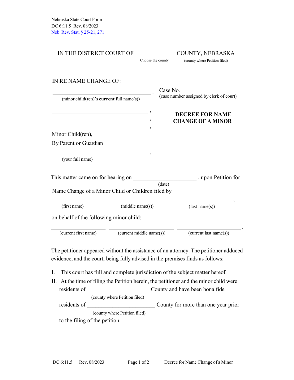 Form DC6:11.5 Decree for Name Change of a Minor - Nebraska, Page 1