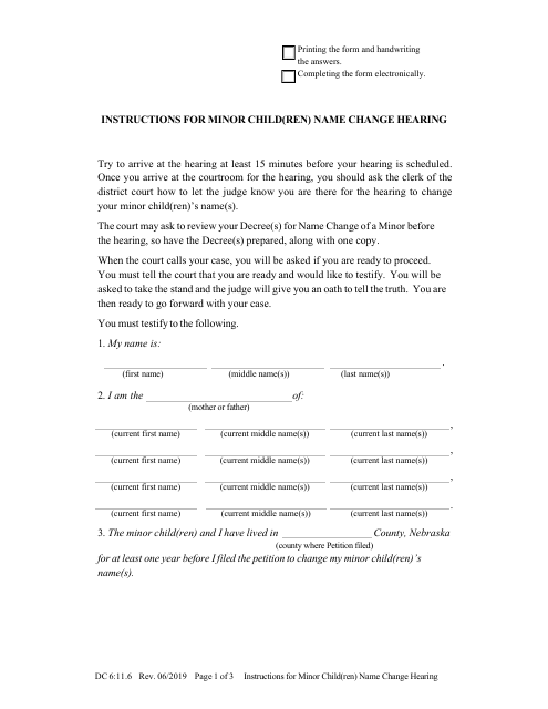 Form DC6:11.6 Instructions for Minor Child(Ren) Name Change Hearing - Nebraska