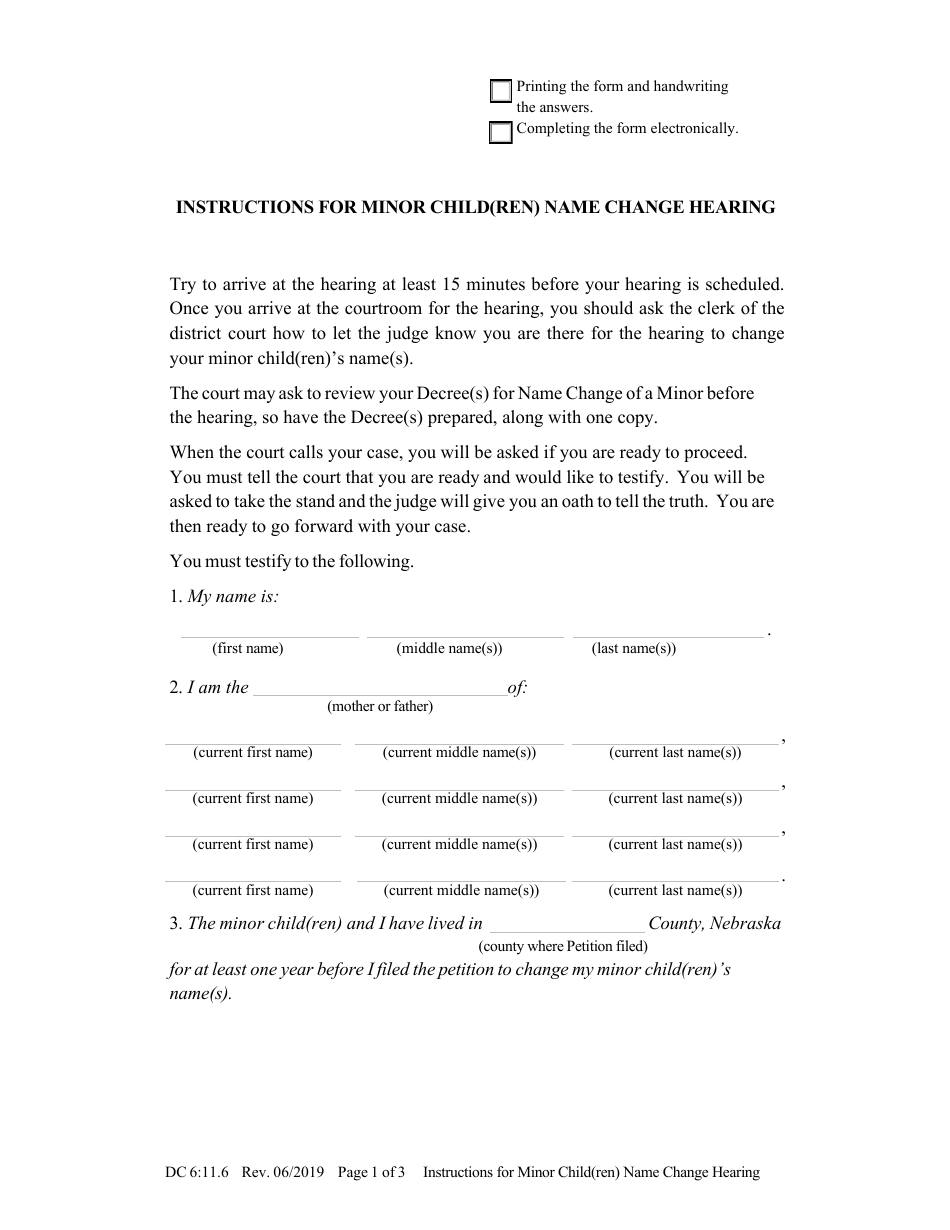 Form DC6:11.6 Instructions for Minor Child(Ren) Name Change Hearing - Nebraska, Page 1