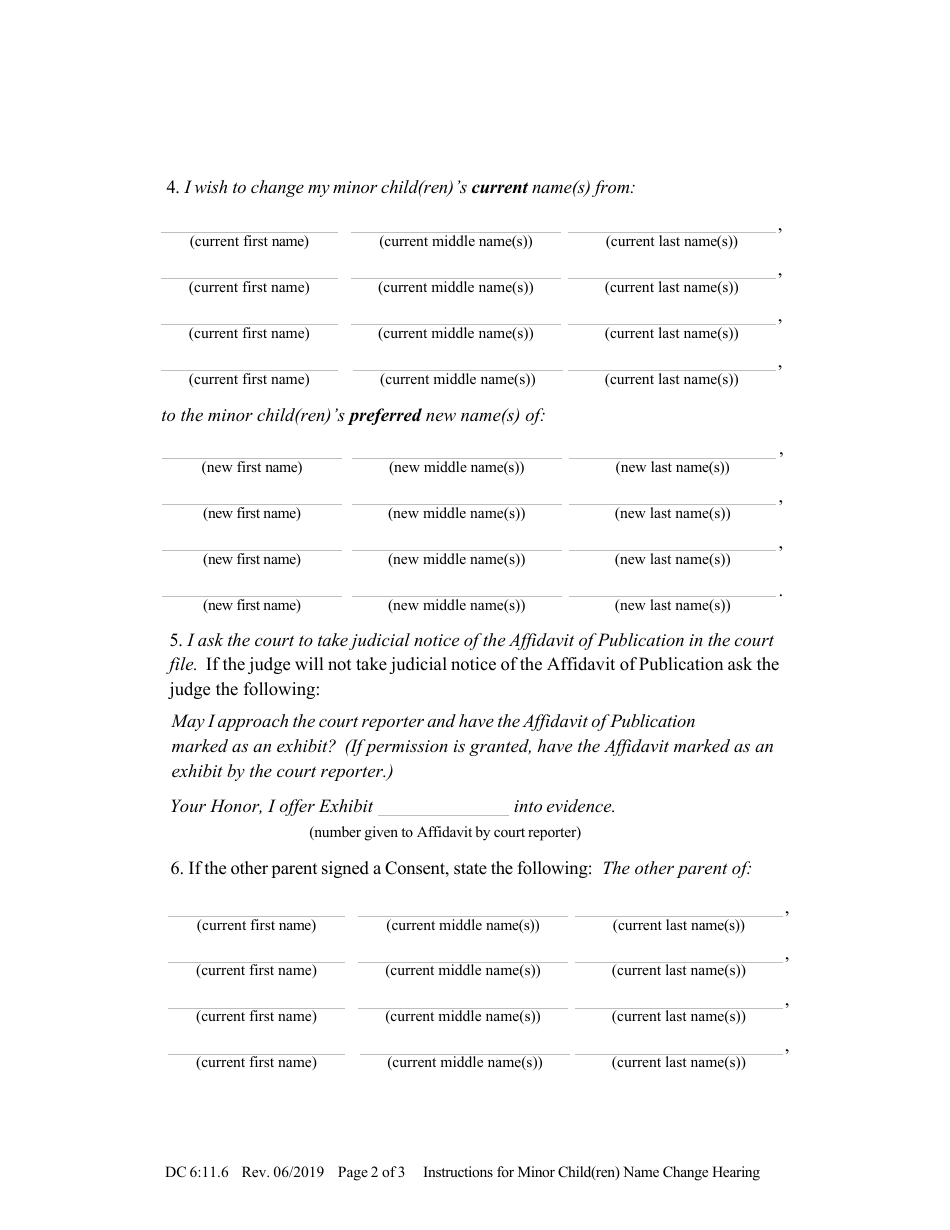 Form DC6:11.6 Instructions for Minor Child(Ren) Name Change Hearing - Nebraska, Page 2