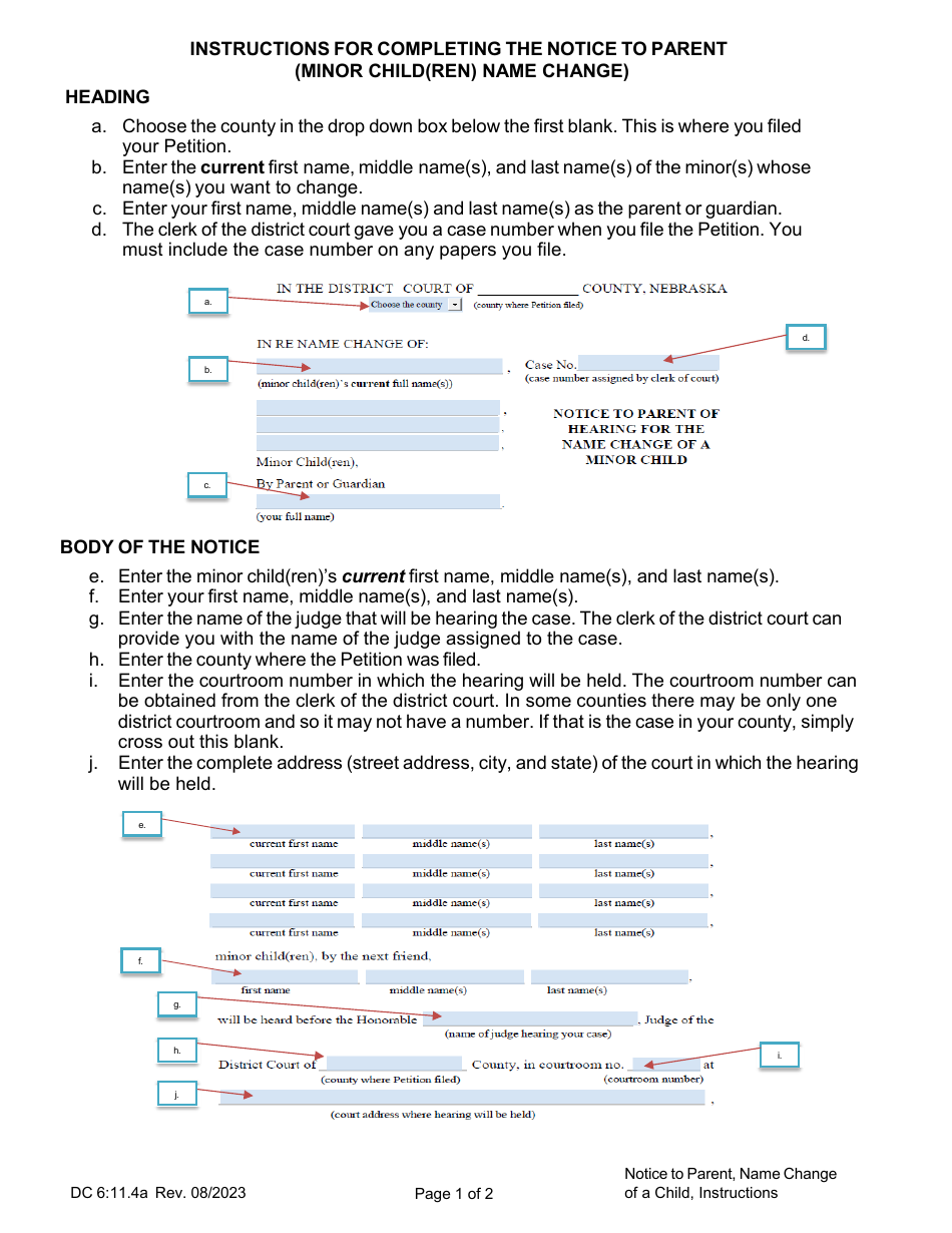 Instructions for Form DC6:11.4 Notice to Parent (Minor Child(Ren) Name Change) - Nebraska, Page 1
