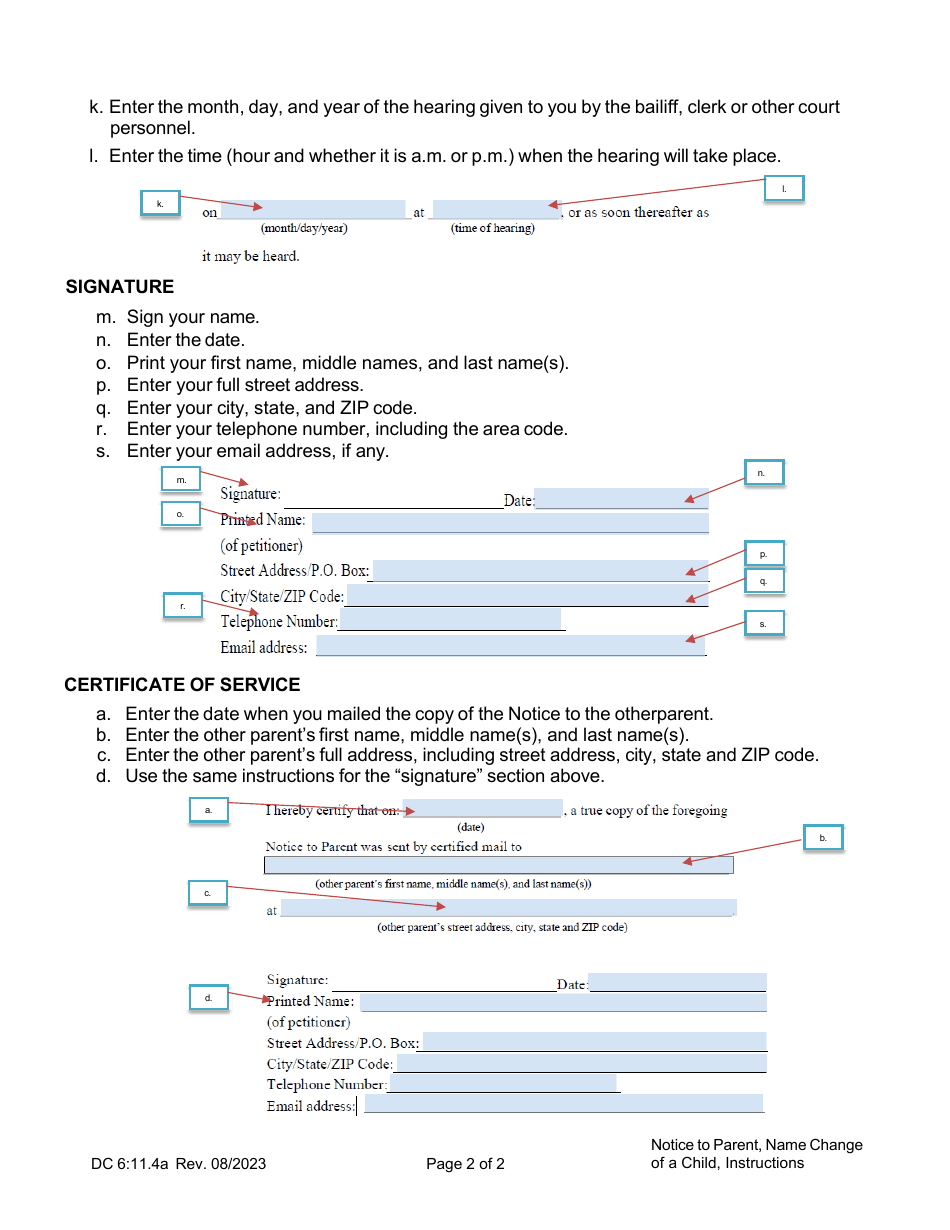 Instructions for Form DC6:11.4 Notice to Parent (Minor Child(Ren) Name Change) - Nebraska, Page 2