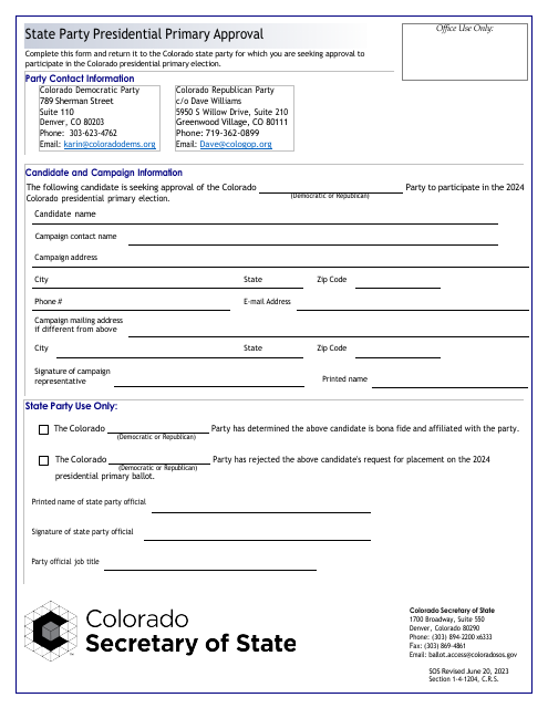 State Party Presidential Primary Approval - Colorado Download Pdf