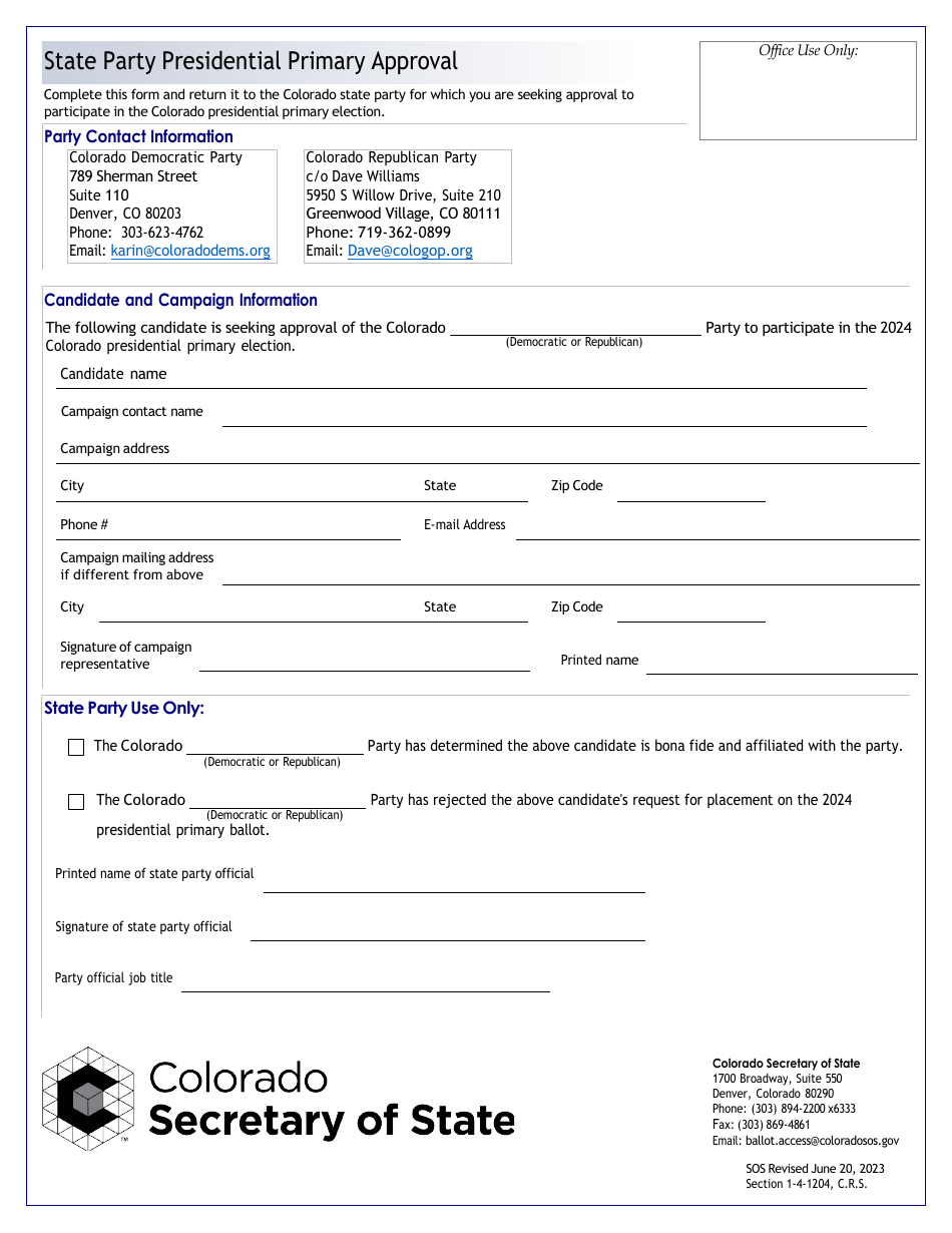 Colorado State Party Presidential Primary Approval Download Printable