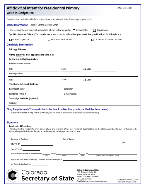 Affidavit of Intent for Presidential Primary - Write-In Designation - Colorado Download Pdf