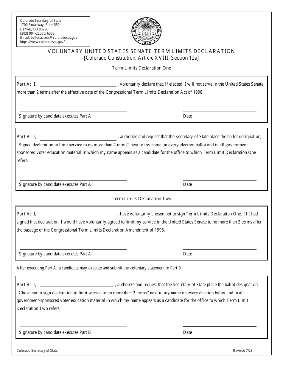 Voluntary United States Senate Term Limits Declaration - Colorado, Page 1