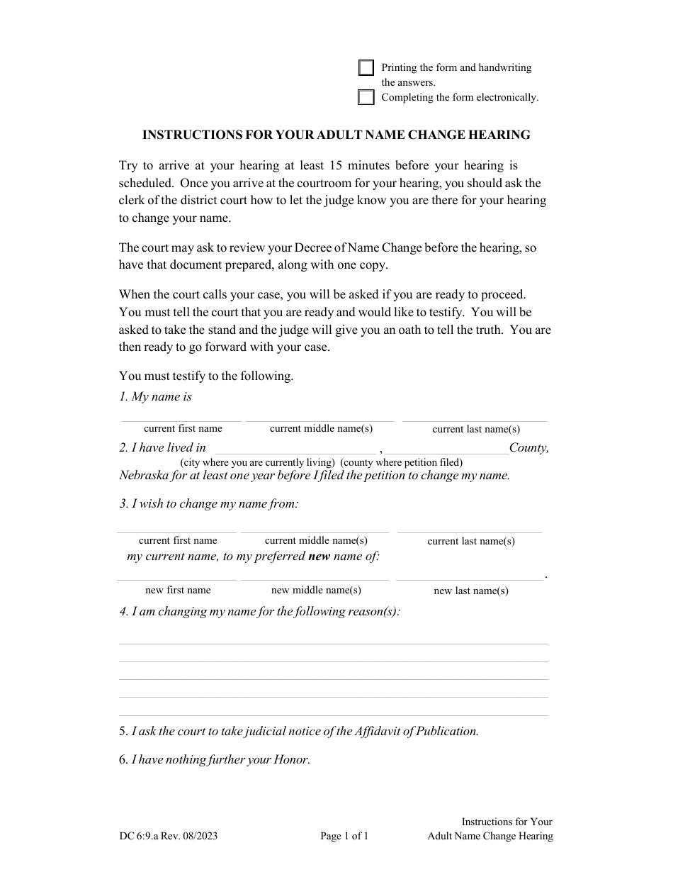 Form DC6:9.A Instructions for Your Name Change Hearing - Nebraska, Page 1