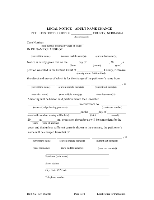Form DC6:9.2 Legal Notice - Adult Name Change - Nebraska