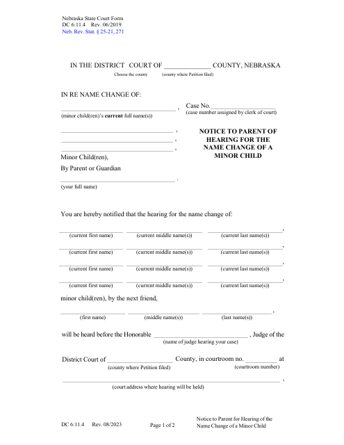 Form DC6:11.4 Notice to Parent of Hearing for the Name Change of a Minor Child - Nebraska