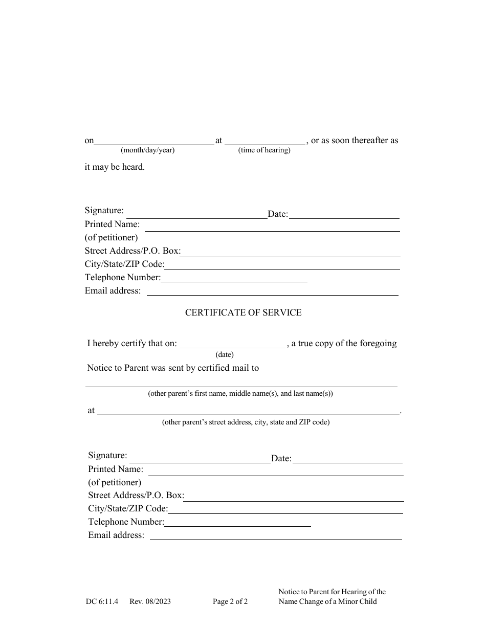 Form DC6:11.4 Notice to Parent of Hearing for the Name Change of a Minor Child - Nebraska, Page 2