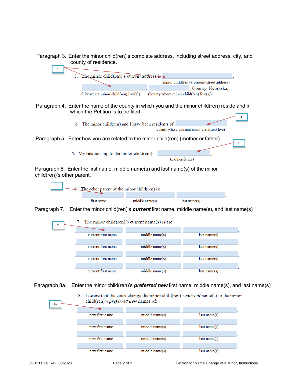 Instructions for Form DC6:11.1 Petition or Name Change of a Minor Child or Children - Nebraska, Page 2