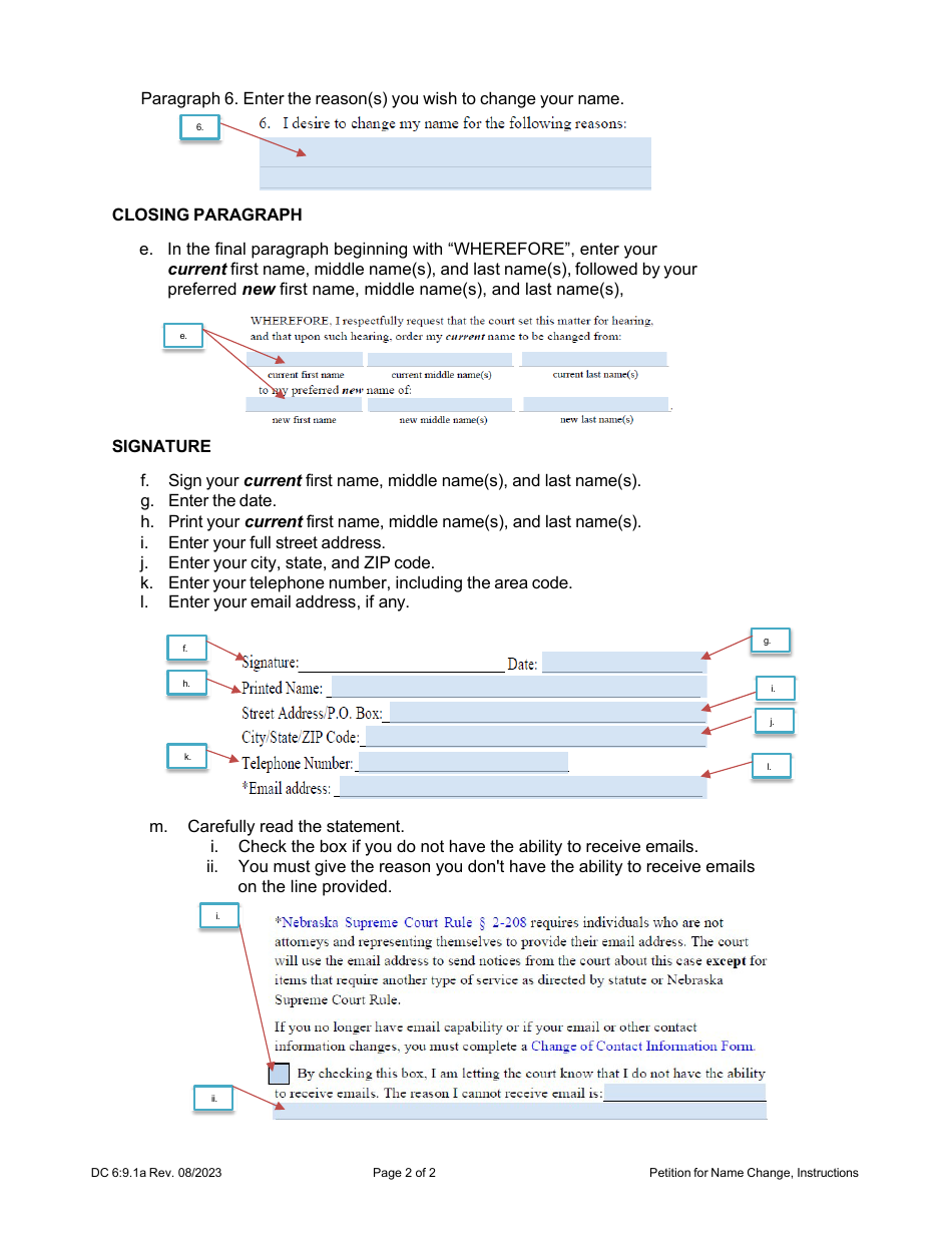 Instructions for Form DC6:9.1 Petition for Name Change (Adult) - Nebraska, Page 2
