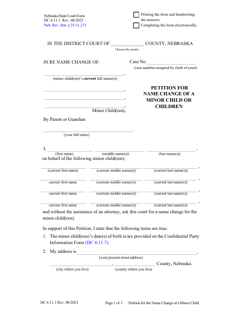 Form DC6:11.1 Petition for Name Change of a Minor Child or Children - Nebraska