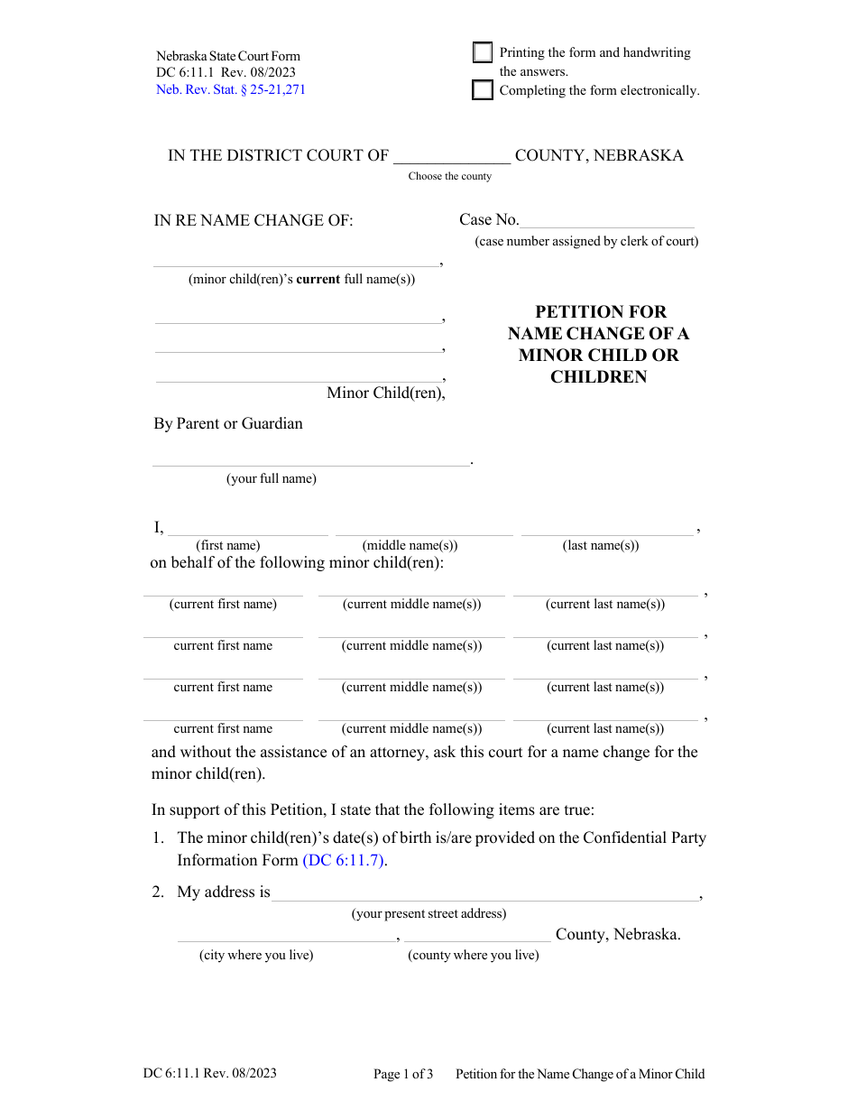 Form DC6:11.1 Petition for Name Change of a Minor Child or Children - Nebraska, Page 1