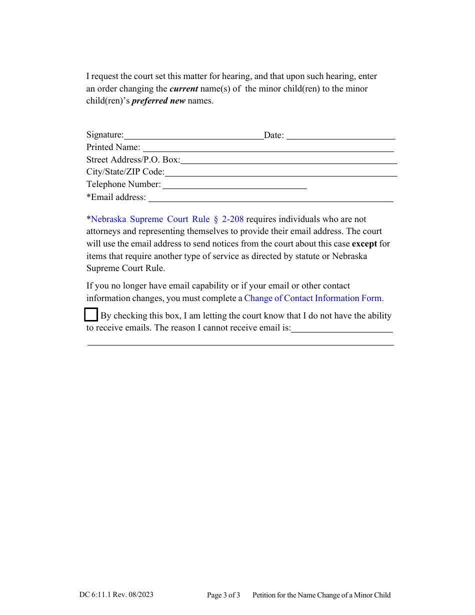 Form DC6:11.1 Petition for Name Change of a Minor Child or Children - Nebraska, Page 3