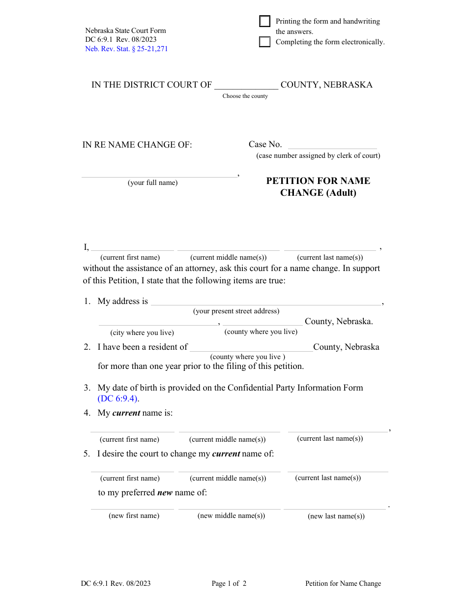 Form DC6:9.1 Petition for Name Change (Adult) - Nebraska, Page 1