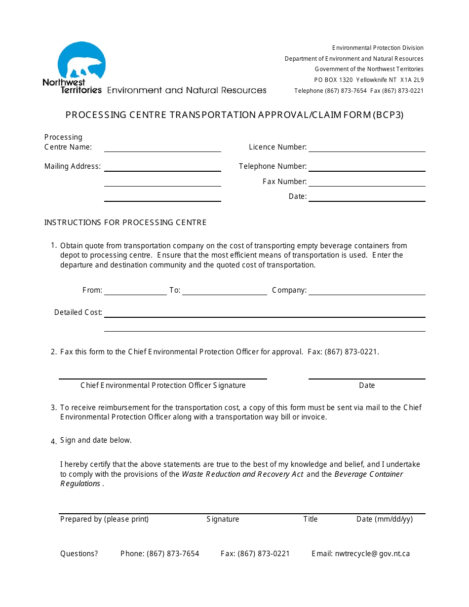 Form BCP3 Processing Centre Transportation Approval / Claim Form - Northwest Territories, Canada, Page 1