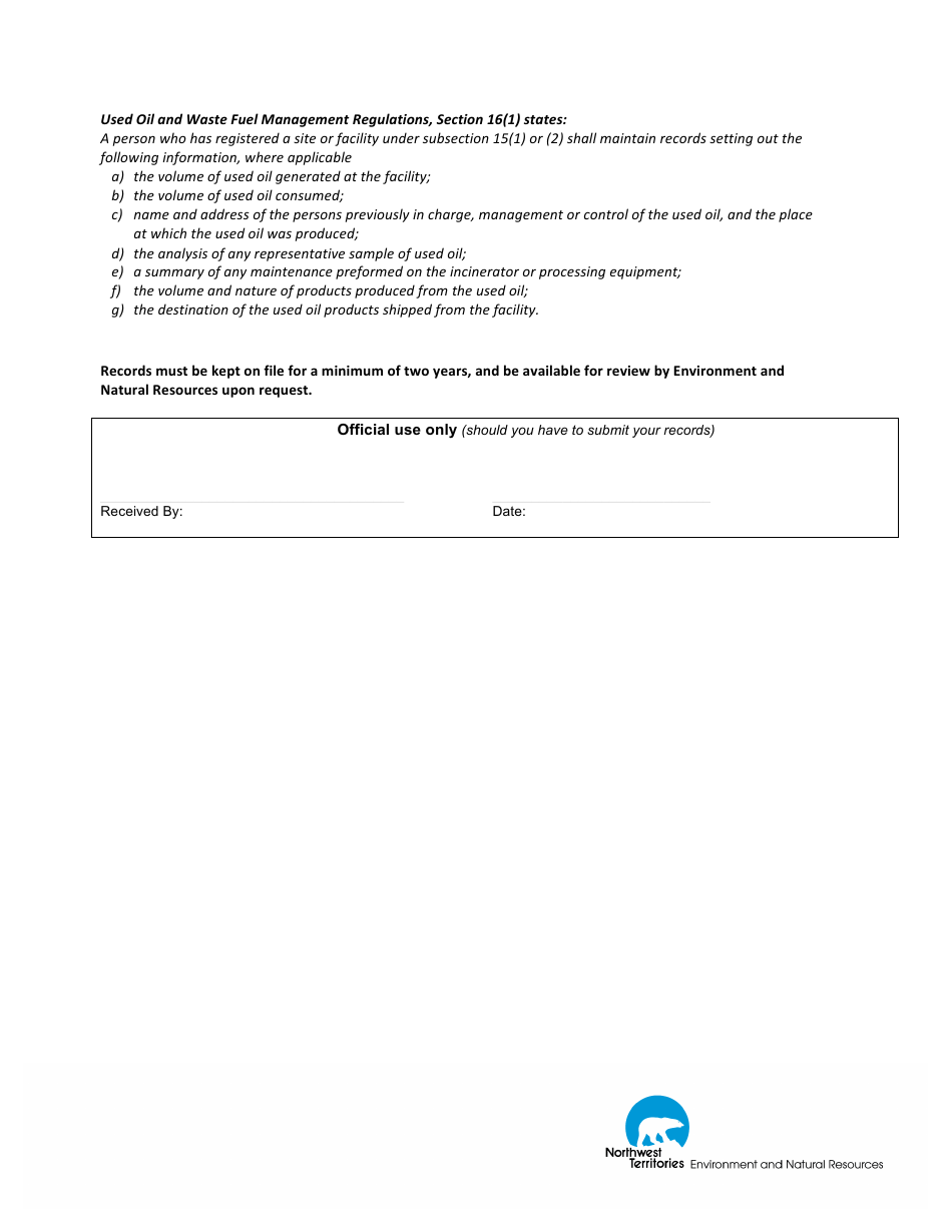 Used Oil and Waste Fuel Records Form - Northwest Territories, Canada, Page 3