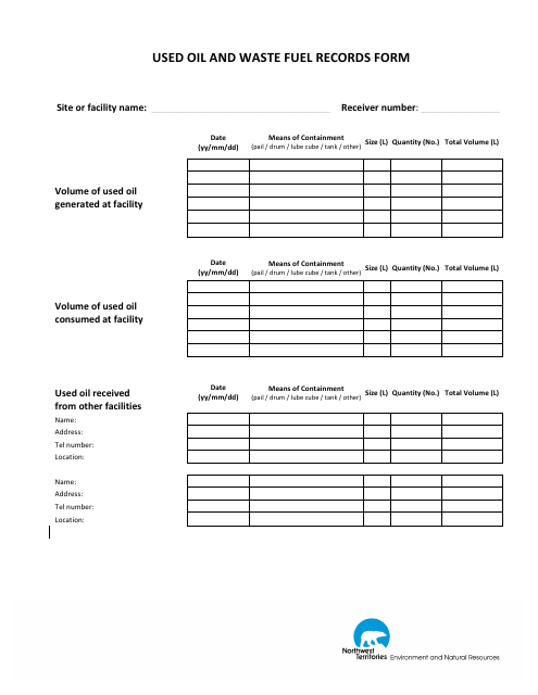 Used Oil and Waste Fuel Records Form - Northwest Territories, Canada Download Pdf