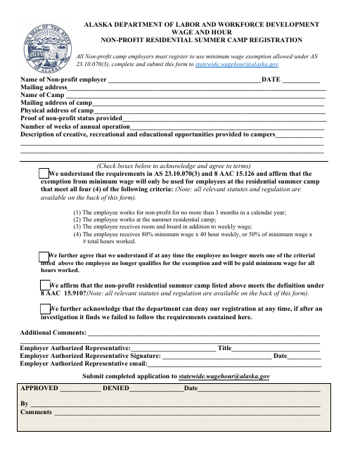 Non-profit Residential Summer Camp Registration Form - Alaska Download Pdf