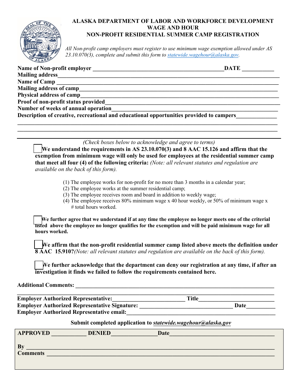 Non-profit Residential Summer Camp Registration Form - Alaska, Page 1