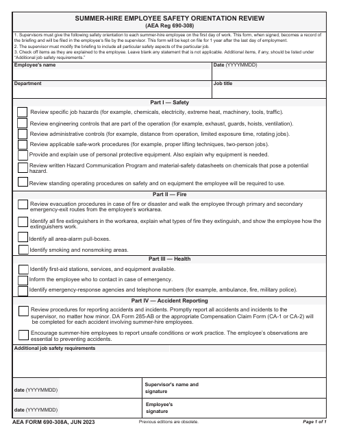 AE Form 690-308A Summer-Hire Employee Safety Orientation Review