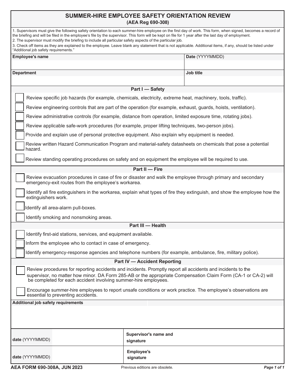 AE Form 690-308A Summer-Hire Employee Safety Orientation Review, Page 1