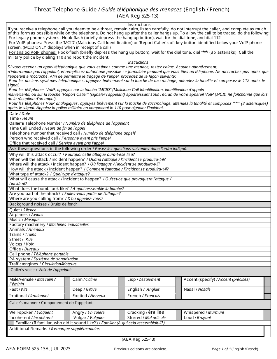 AE Form 525-13A Threat Telephone Guide (English / Italian / French / German / Polish), Page 1