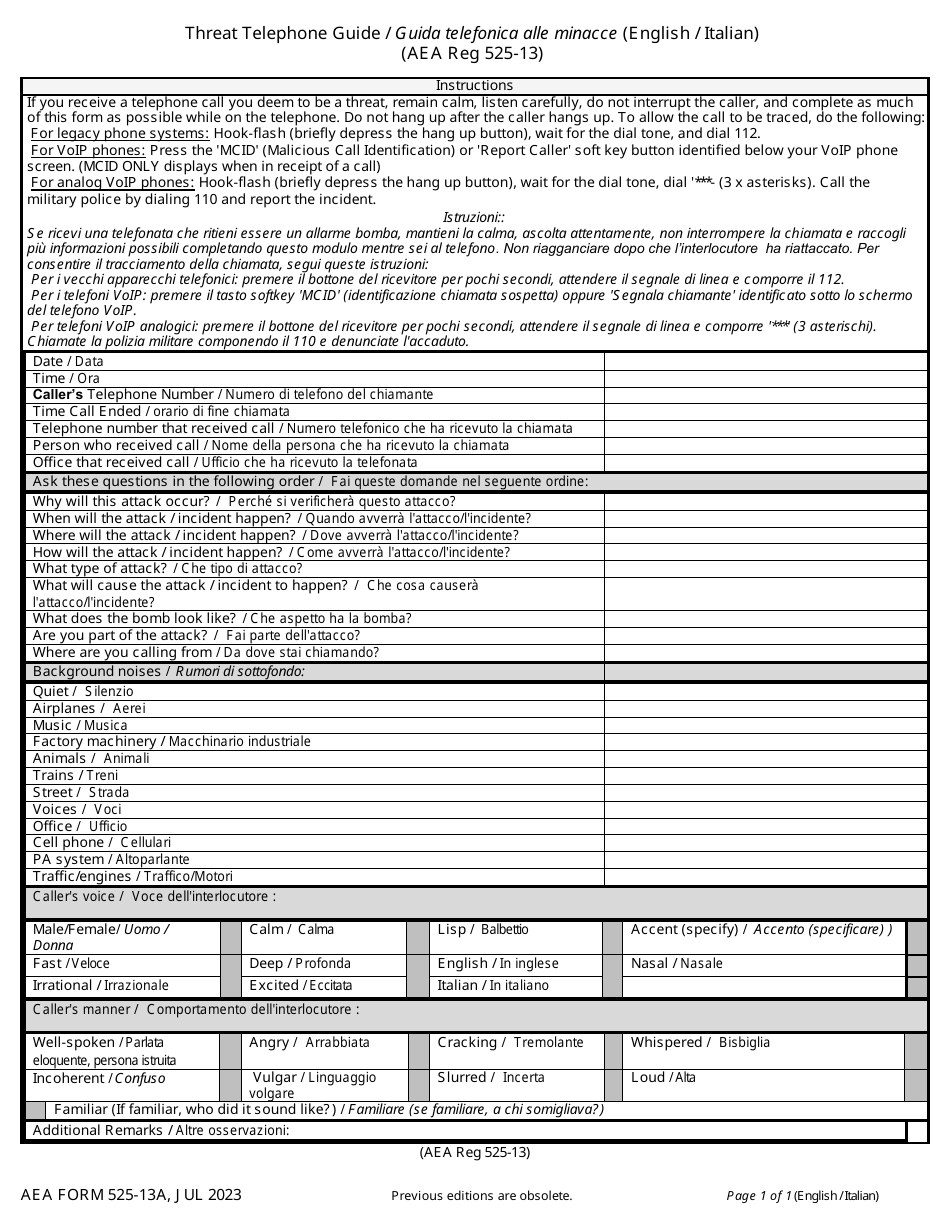 AE Form 525-13A Threat Telephone Guide (English / Italian / French / German / Polish), Page 3