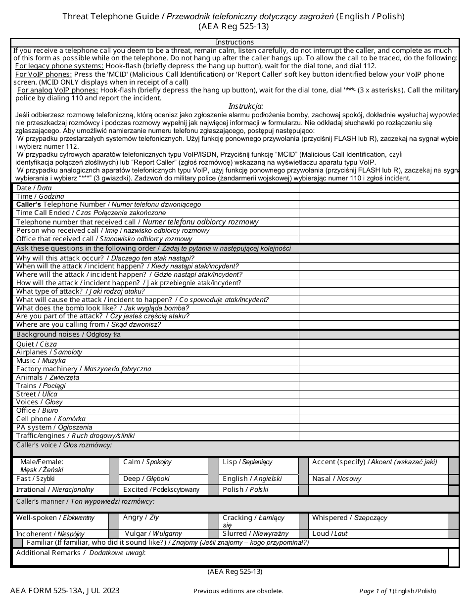 AE Form 525-13A Threat Telephone Guide (English / Italian / French / German / Polish), Page 4