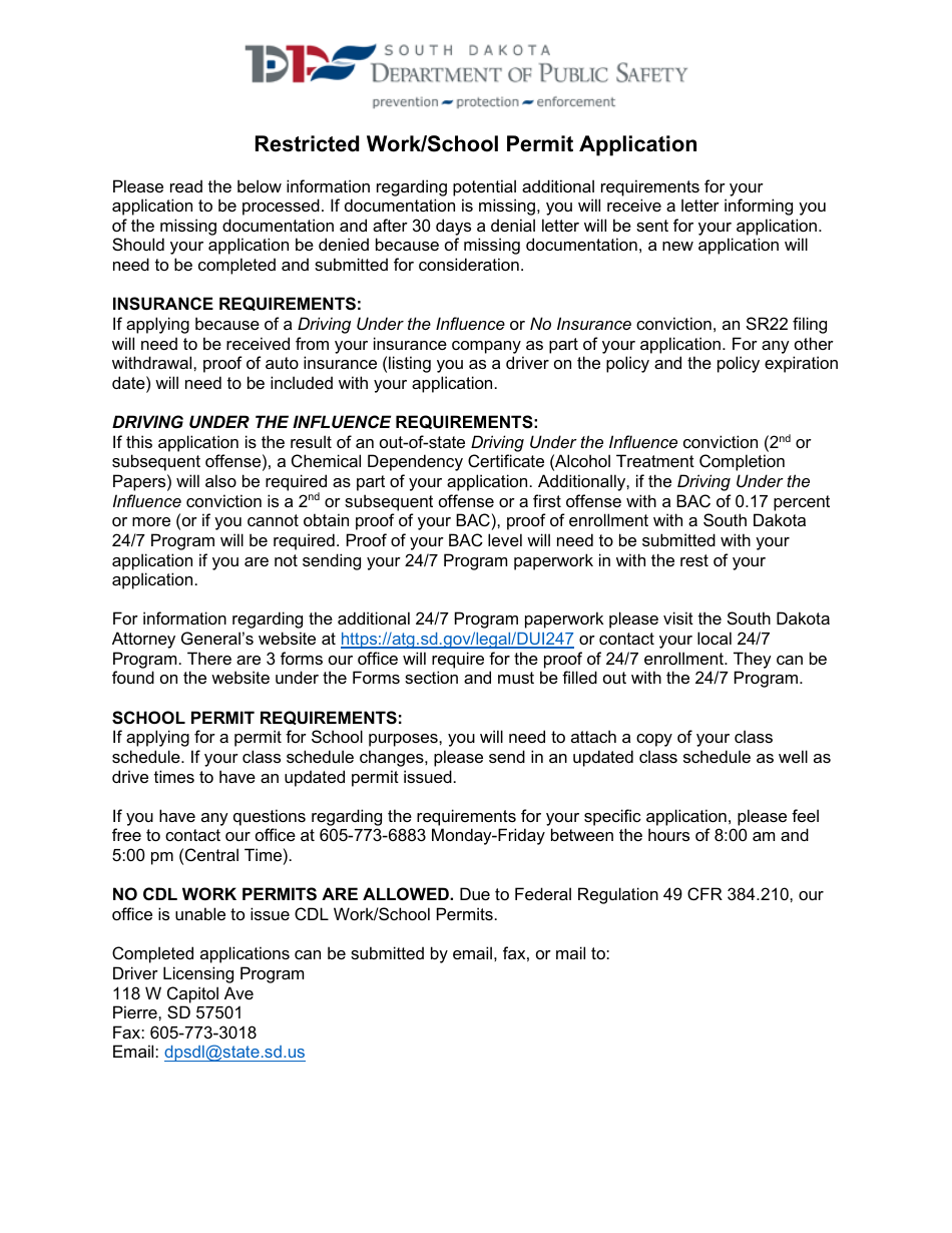 Restricted Work / School Permit Application - South Dakota, Page 1