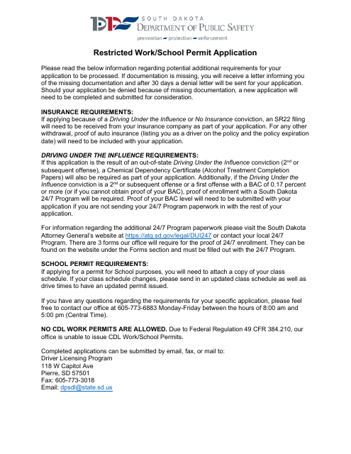 Restricted Work / School Permit Application - South Dakota Download Pdf